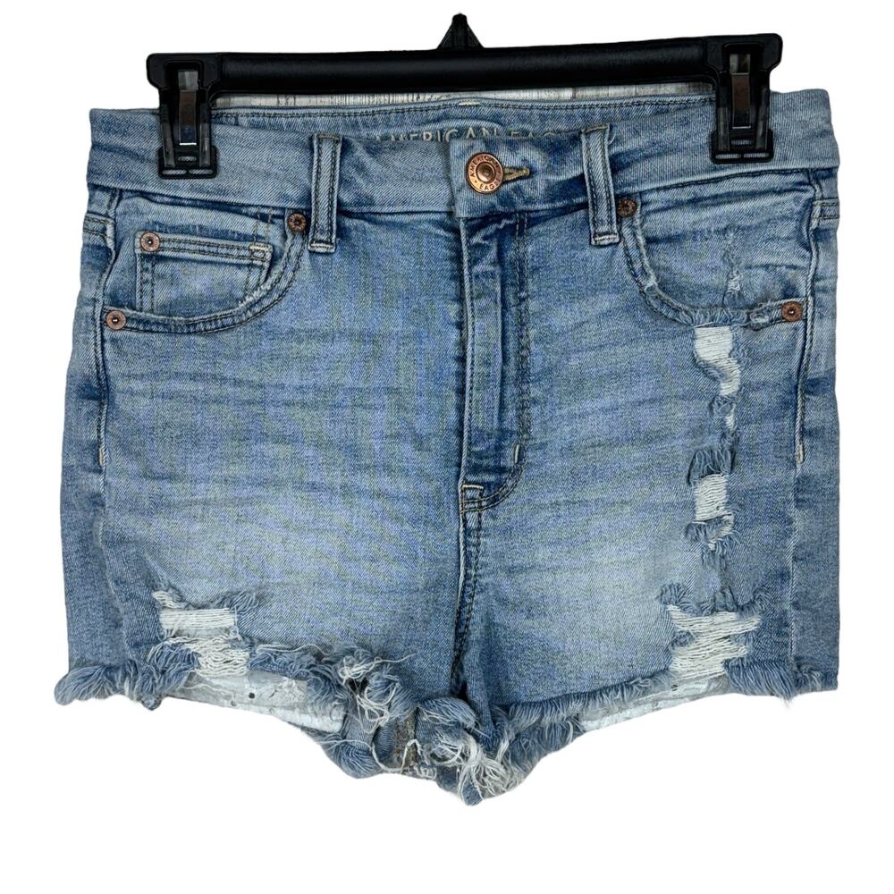 American Eagle 4 Curvy Hi-Rise Shortie Jean Shorts Distressed Stretch Frayed Hem